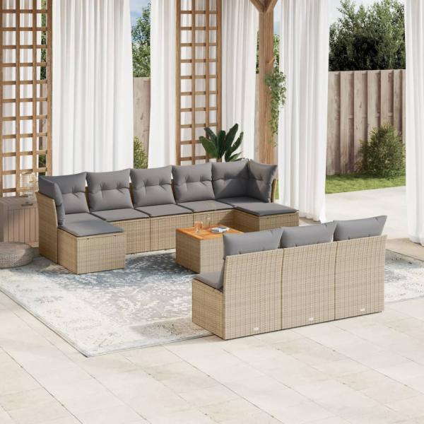 ARDEBO.de - 11-tlg. Garten-Sofagarnitur mit Kissen Beige Poly Rattan