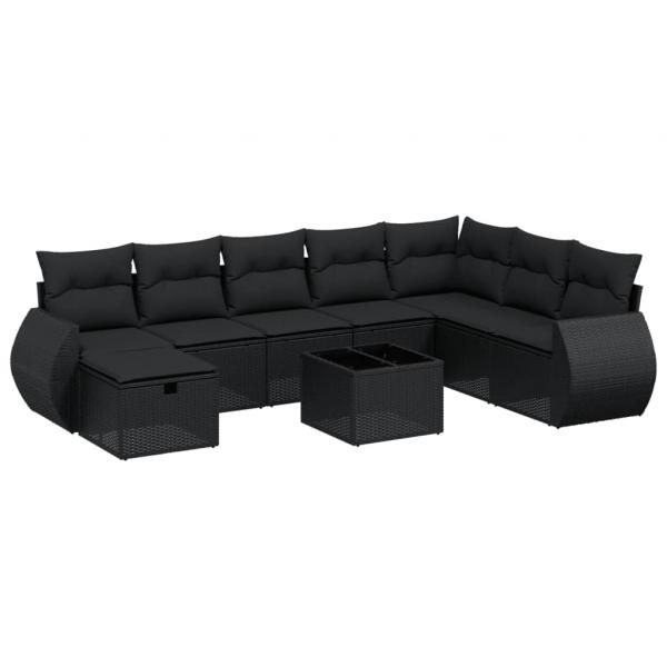 9-tlg. Garten-Sofagarnitur mit Kissen Schwarz Poly Rattan