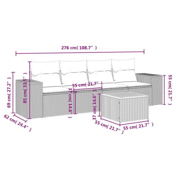 5-tlg. Garten-Sofagarnitur mit Kissen Schwarz Poly Rattan