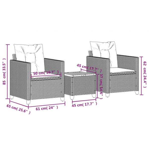 3-tlg. Bistro-Set mit Kissen Schwarz Poly Rattan Akazienholz