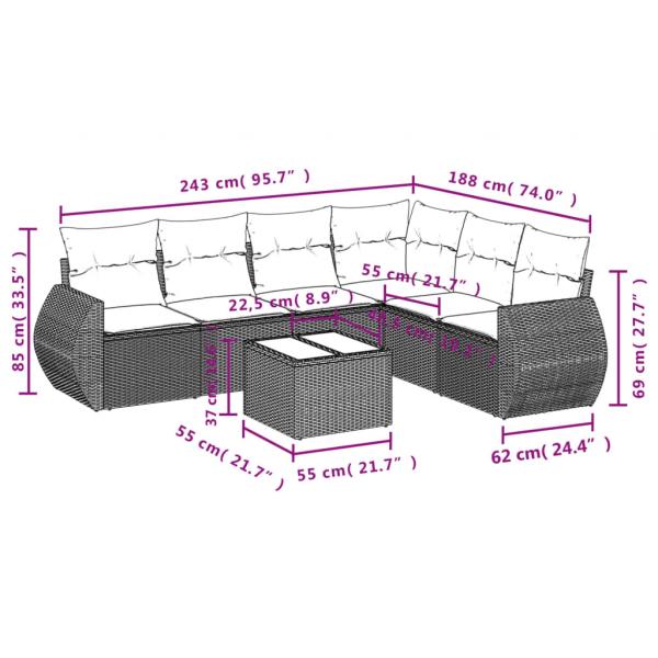 7-tlg. Garten-Sofagarnitur mit Kissen Schwarz Poly Rattan