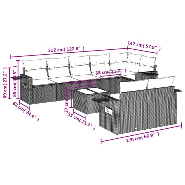 9-tlg. Garten-Sofagarnitur mit Kissen Schwarz Poly Rattan