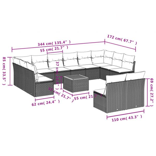 13-tlg. Garten-Sofagarnitur mit Kissen Schwarz Poly Rattan