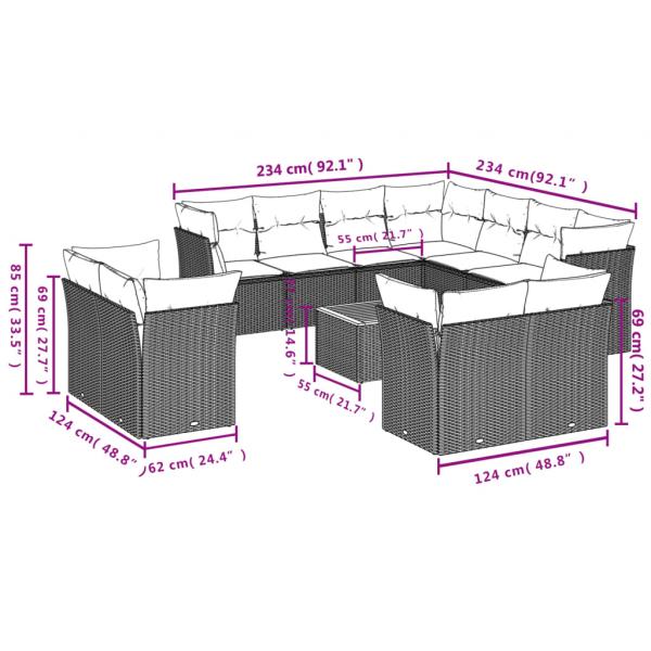 12-tlg. Garten-Sofagarnitur mit Kissen Grau Poly Rattan