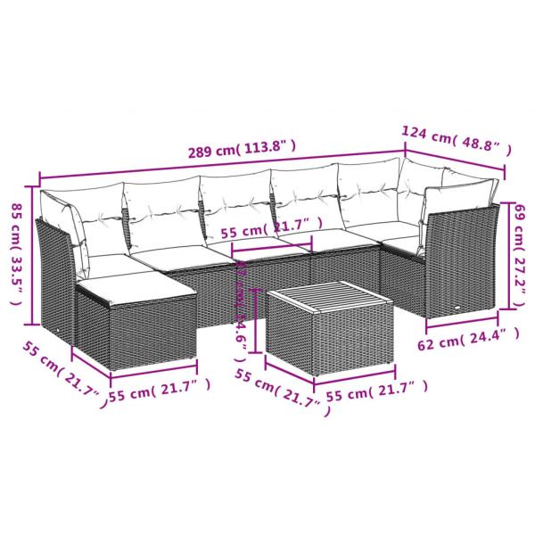 8-tlg. Garten-Sofagarnitur mit Kissen Grau Poly Rattan