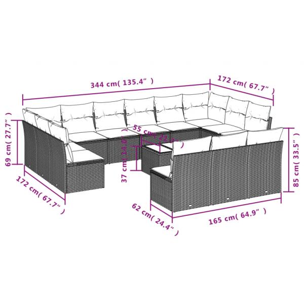 14-tlg. Garten-Sofagarnitur mit Kissen Schwarz Poly Rattan