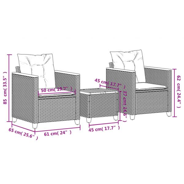 3-tlg. Bistro-Set mit Kissen Grau Poly Rattan Akazienholz