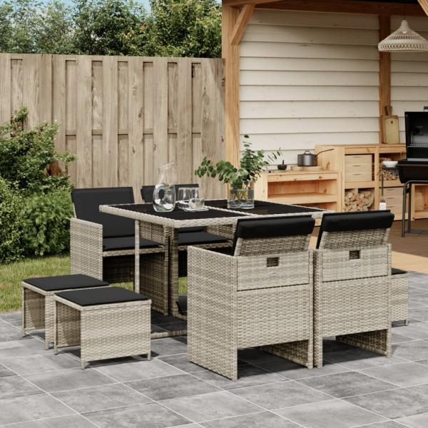 ARDEBO.de - 9-tlg. Garten-Essgruppe mit Kissen Hellgrau Poly Rattan