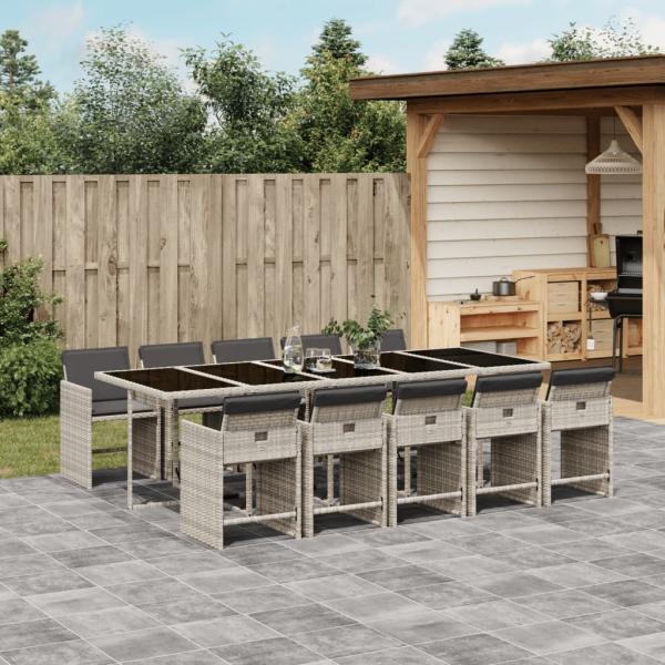 ARDEBO.de - 11-tlg. Garten-Essgruppe mit Kissen Hellgrau Poly Rattan