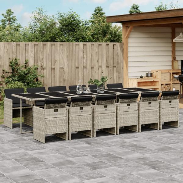 ARDEBO.de - 13-tlg. Garten-Essgruppe mit Kissen Hellgrau Poly Rattan