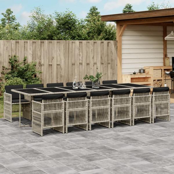 ARDEBO.de - 13-tlg. Garten-Essgruppe mit Kissen Hellgrau Poly Rattan