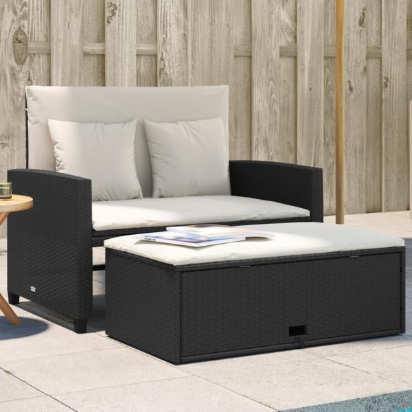 ARDEBO.de - Gartensofa mit Kissen 2-Sitzer Schwarz Poly Rattan