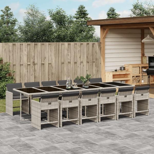 ARDEBO.de - 13-tlg. Garten-Essgruppe mit Kissen Hellgrau Poly Rattan