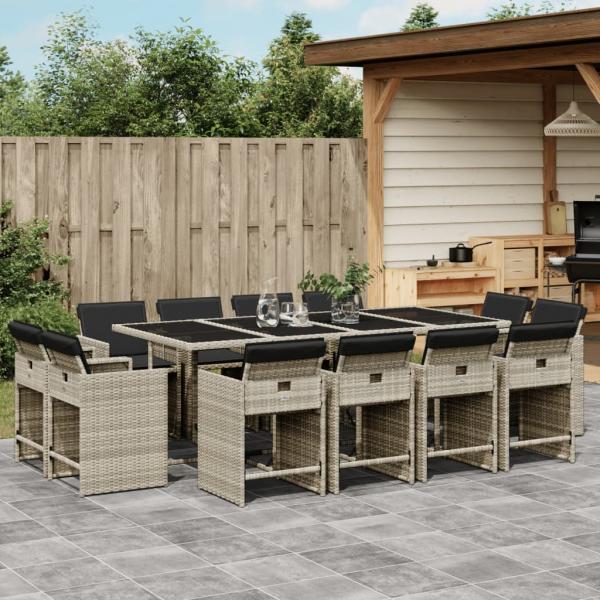 ARDEBO.de - 13-tlg. Garten-Essgruppe mit Kissen Hellgrau Poly Rattan