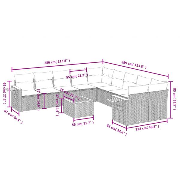 11-tlg. Garten-Sofagarnitur mit Kissen Beige Poly Rattan