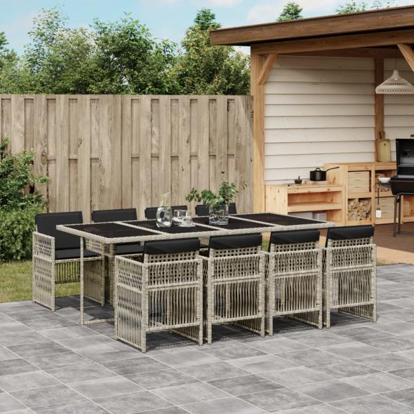 ARDEBO.de - 9-tlg. Garten-Essgruppe mit Kissen Hellgrau Poly Rattan