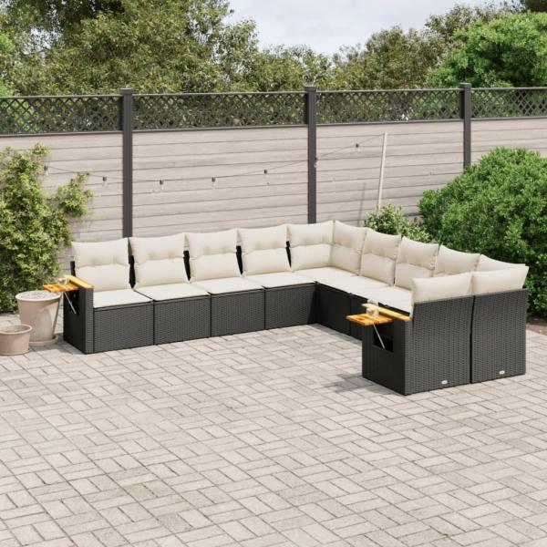 ARDEBO.de - 10-tlg. Garten-Sofagarnitur mit Kissen Schwarz Poly Rattan