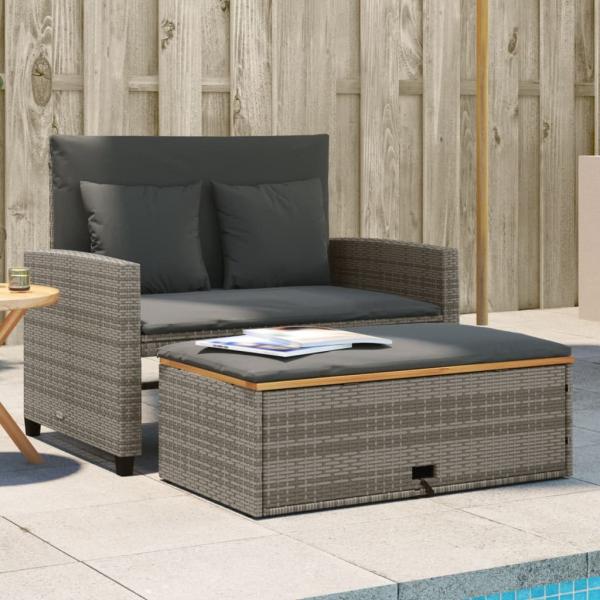 ARDEBO.de - Gartensofa mit Kissen 2-Sitzer Grau Poly Rattan & Akazienholz