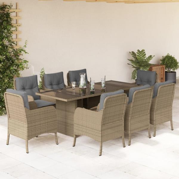 ARDEBO.de - 9-tlg. Garten-Essgruppe mit Kissen Beige Poly Rattan