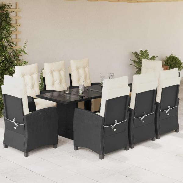 ARDEBO.de - 9-tlg. Garten-Essgruppe mit Kissen Schwarz Poly Rattan