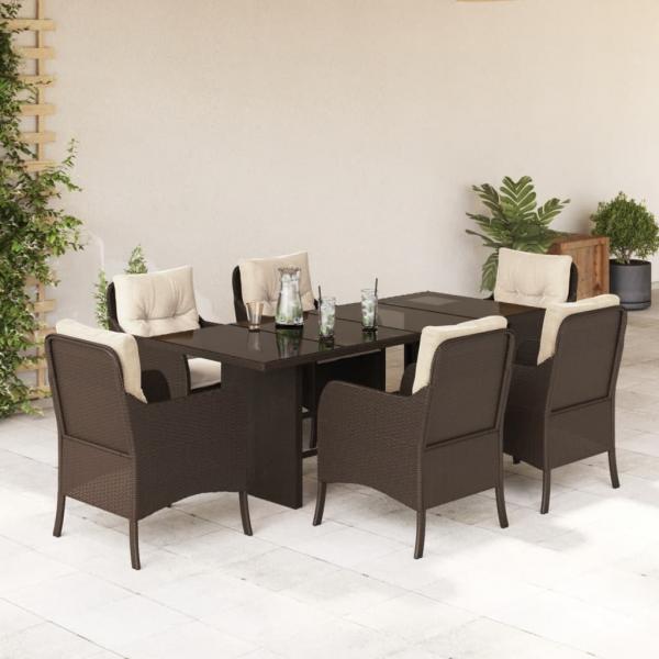 ARDEBO.de - 7-tlg. Garten-Essgruppe mit Kissen Braun Poly Rattan