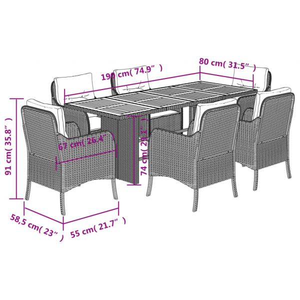 7-tlg. Garten-Essgruppe mit Kissen Schwarz Poly Rattan