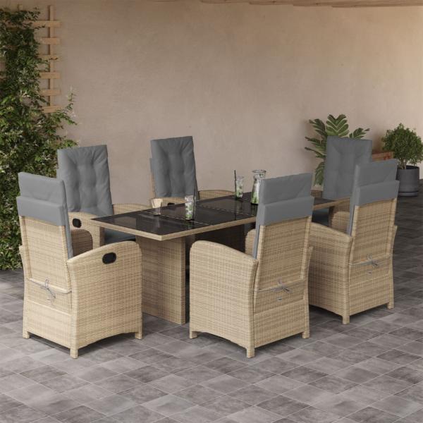 ARDEBO.de - 7-tlg. Garten-Essgruppe mit Kissen Beigemischung Poly Rattan