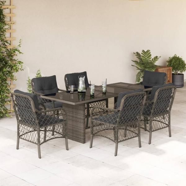 ARDEBO.de - 7-tlg. Garten-Essgruppe mit Kissen Grau Poly Rattan