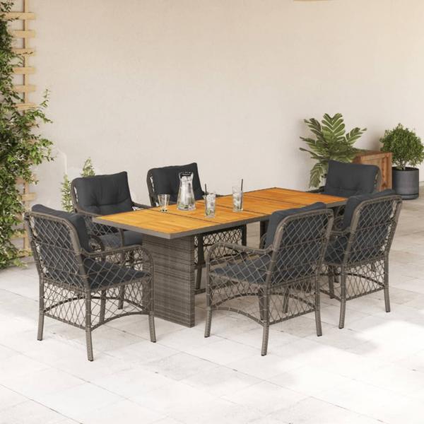 ARDEBO.de - 7-tlg. Garten-Essgruppe mit Kissen Grau Poly Rattan