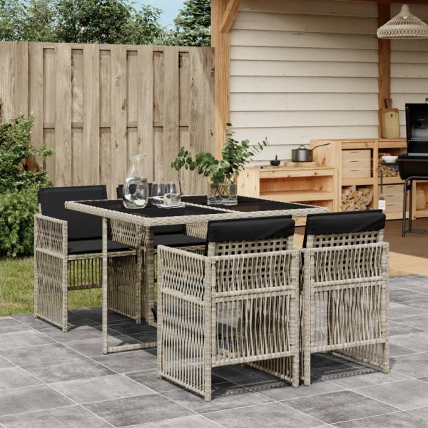 ARDEBO.de - 5-tlg. Garten-Essgruppe mit Kissen Hellgrau Poly Rattan