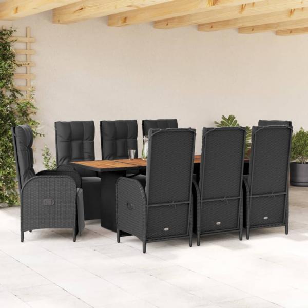 ARDEBO.de - 9-tlg. Garten-Essgruppe mit Kissen Schwarz Poly Rattan