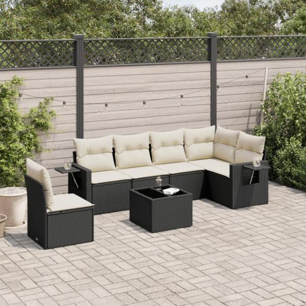 ARDEBO.de - 7-tlg. Garten-Sofagarnitur mit Kissen Schwarz Poly Rattan