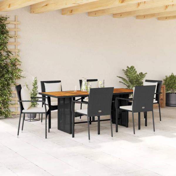 ARDEBO.de - 7-tlg. Garten-Essgruppe mit Kissen Schwarz Poly Rattan