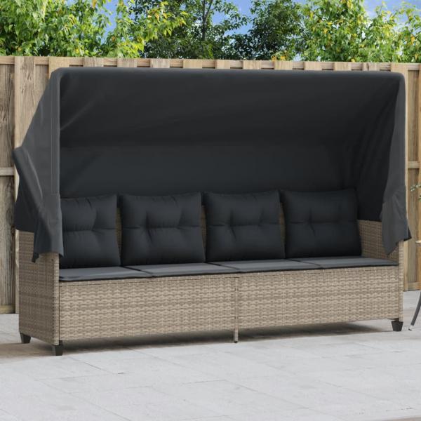 ARDEBO.de - Sonnenliege mit Dach und Kissen Hellgrau Poly Rattan