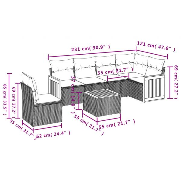 7-tlg. Garten-Sofagarnitur mit Kissen Schwarz Poly Rattan