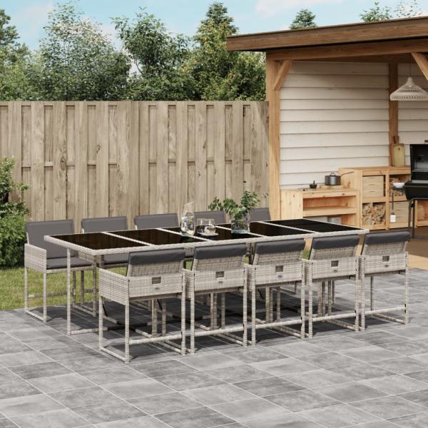 ARDEBO.de - 11-tlg. Garten-Essgruppe mit Kissen Hellgrau Poly Rattan