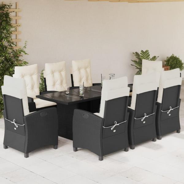 ARDEBO.de - 9-tlg. Garten-Essgruppe mit Kissen Schwarz Poly Rattan