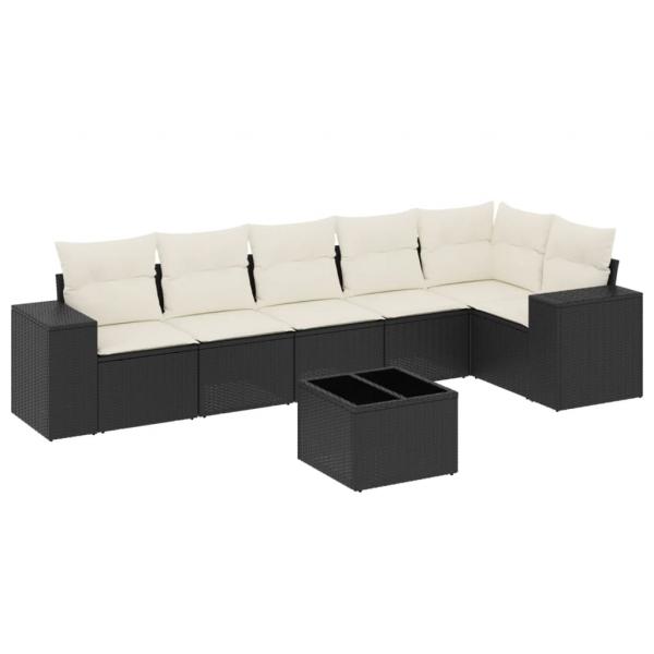 7-tlg. Garten-Sofagarnitur mit Kissen Schwarz Poly Rattan