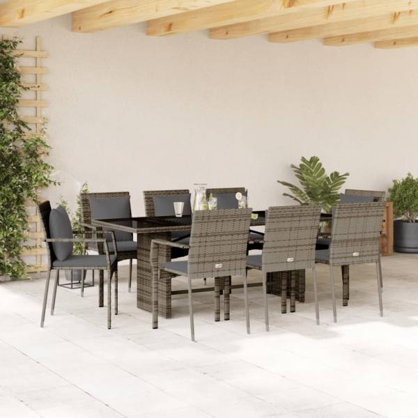 ARDEBO.de - 9-tlg. Garten-Essgruppe mit Kissen Grau Poly Rattan