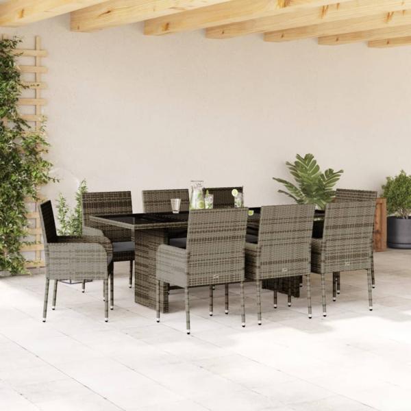 ARDEBO.de - 9-tlg. Garten-Essgruppe mit Kissen Grau Poly Rattan