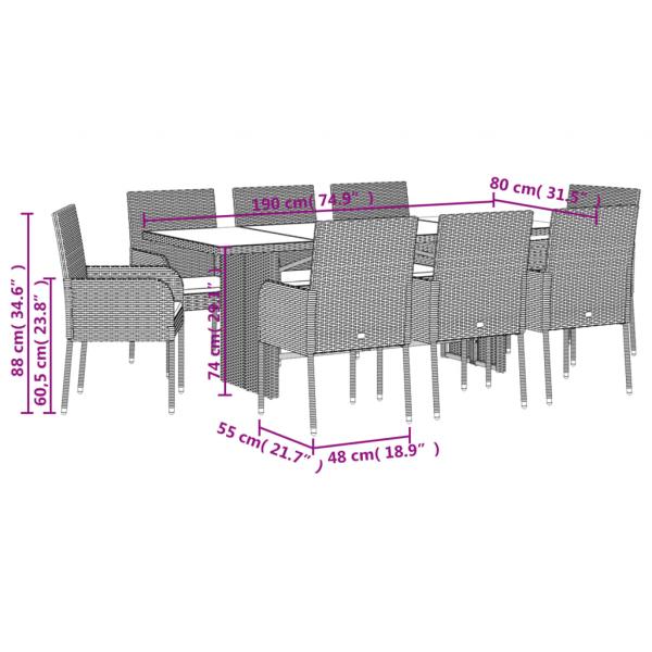 9-tlg. Garten-Essgruppe mit Kissen Grau Poly Rattan