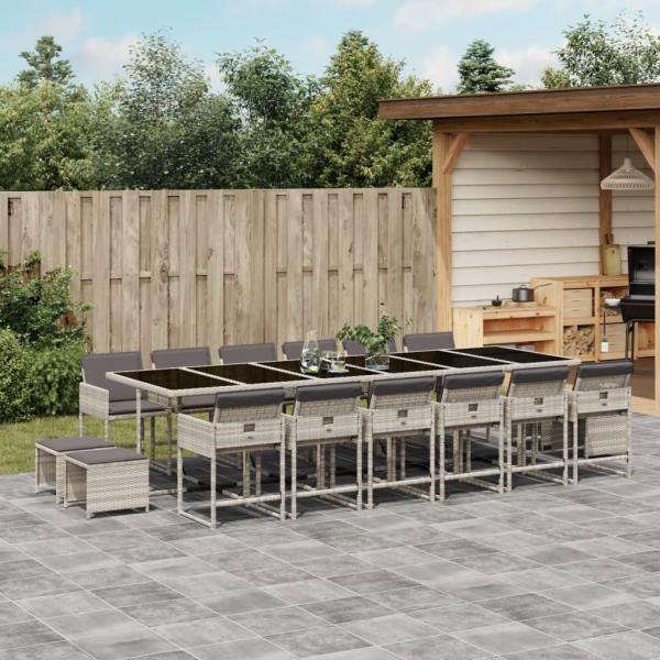 ARDEBO.de - 17-tlg. Garten-Essgruppe mit Kissen Hellgrau Poly Rattan