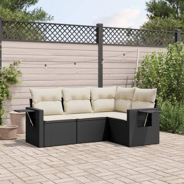 ARDEBO.de - 4-tlg. Garten-Sofagarnitur mit Kissen Schwarz Poly Rattan