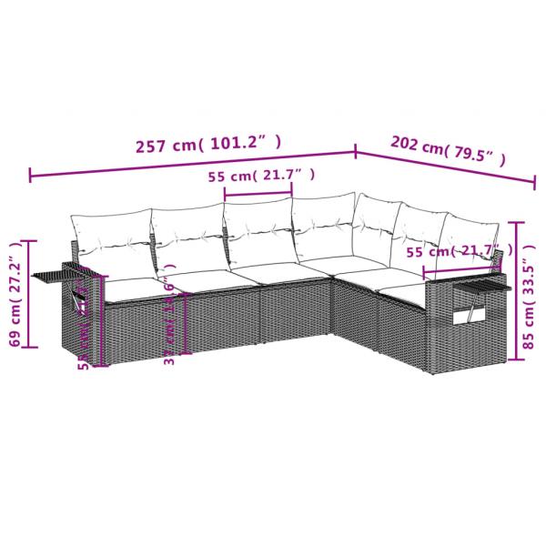 6-tlg. Garten-Sofagarnitur mit Kissen Braun Poly Rattan