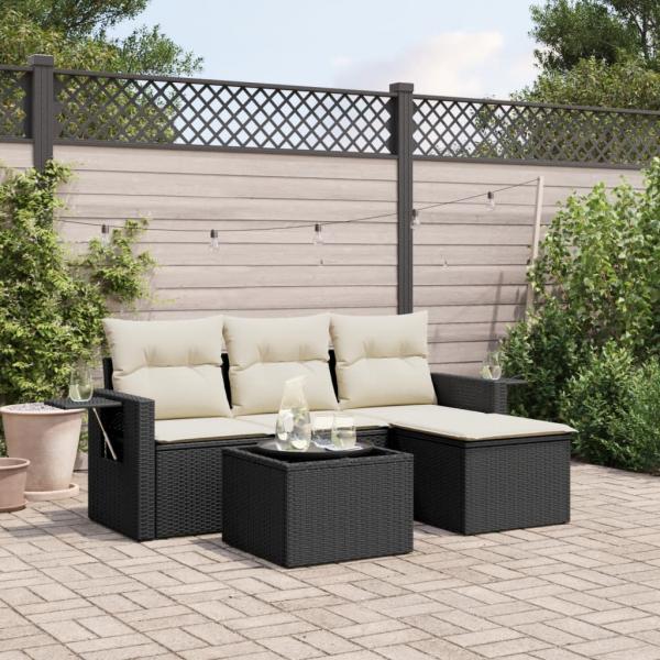 ARDEBO.de - 4-tlg. Garten-Sofagarnitur mit Kissen Schwarz Poly Rattan