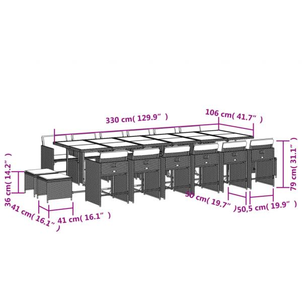 17-tlg. Garten-Essgruppe mit Kissen Hellgrau Poly Rattan