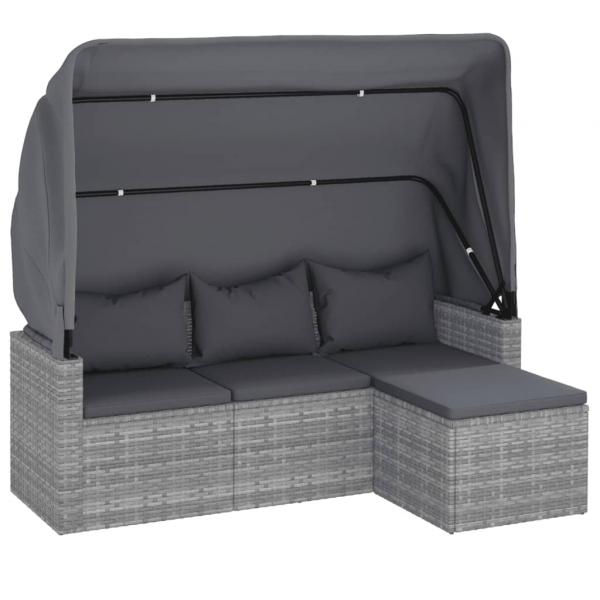 3-Sitzer-Gartensofa mit Dach und Fußhocker Grau Poly Rattan