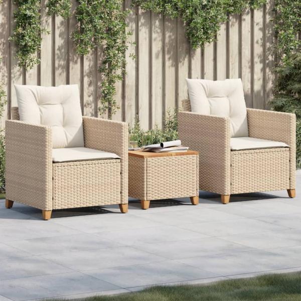 ARDEBO.de - 3-tlg. Bistro-Set mit Kissen Beige Poly Rattan Akazienholz