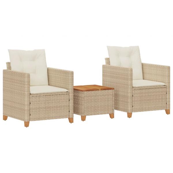 3-tlg. Bistro-Set mit Kissen Beige Poly Rattan Akazienholz