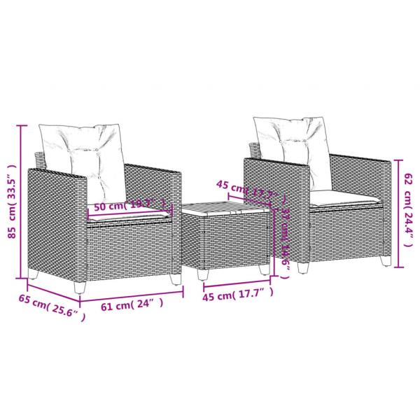 3-tlg. Bistro-Set mit Kissen Beige Poly Rattan Akazienholz